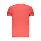 Red organic cotton men's T-shirt by Timberland, shown flat with visible crew neckline and short sleeves.