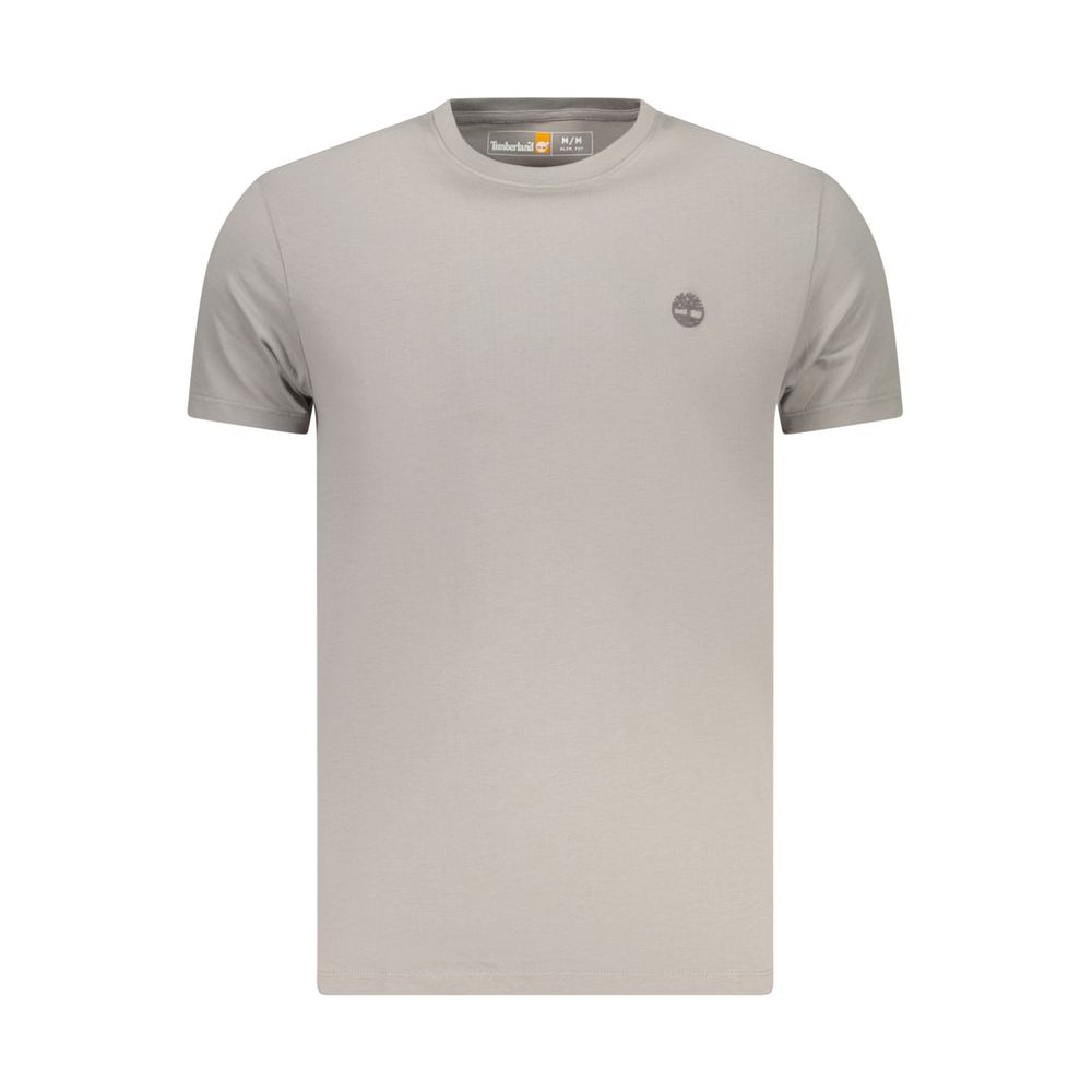 Timberland gray cotton men's T-shirt displayed on a hanger, casual short-sleeve crew neck tee for men.