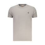 Timberland gray cotton men's T-shirt displayed on a hanger, casual short-sleeve crew neck tee for men.