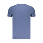 Timberland blue organic cotton men's T-shirt displayed flat, showing soft fabric and classic crew neckline.