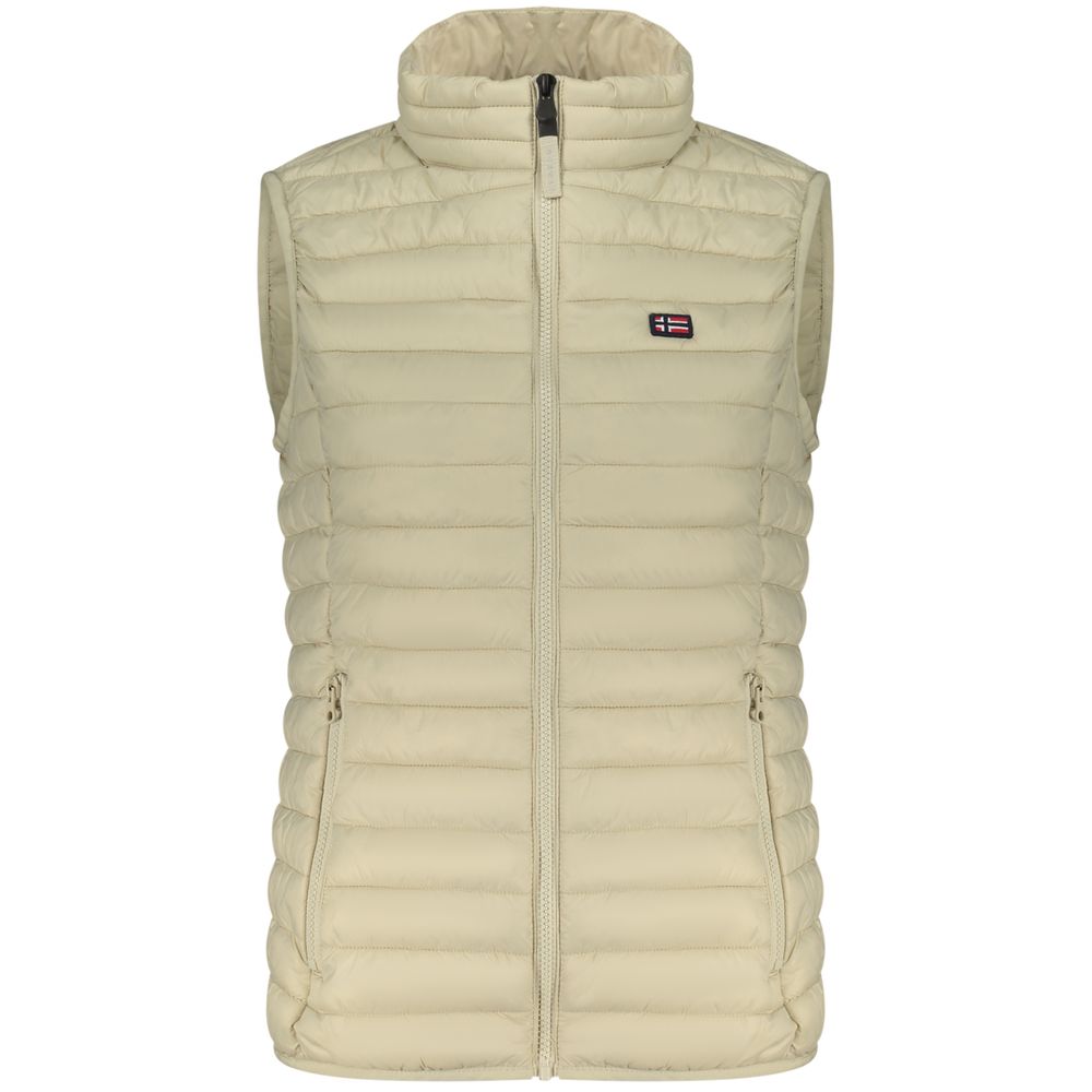 Norway 1963 beige poliammide women's gilet displayed on a hanger, showcasing lightweight, sleeveless outerwear for women.
