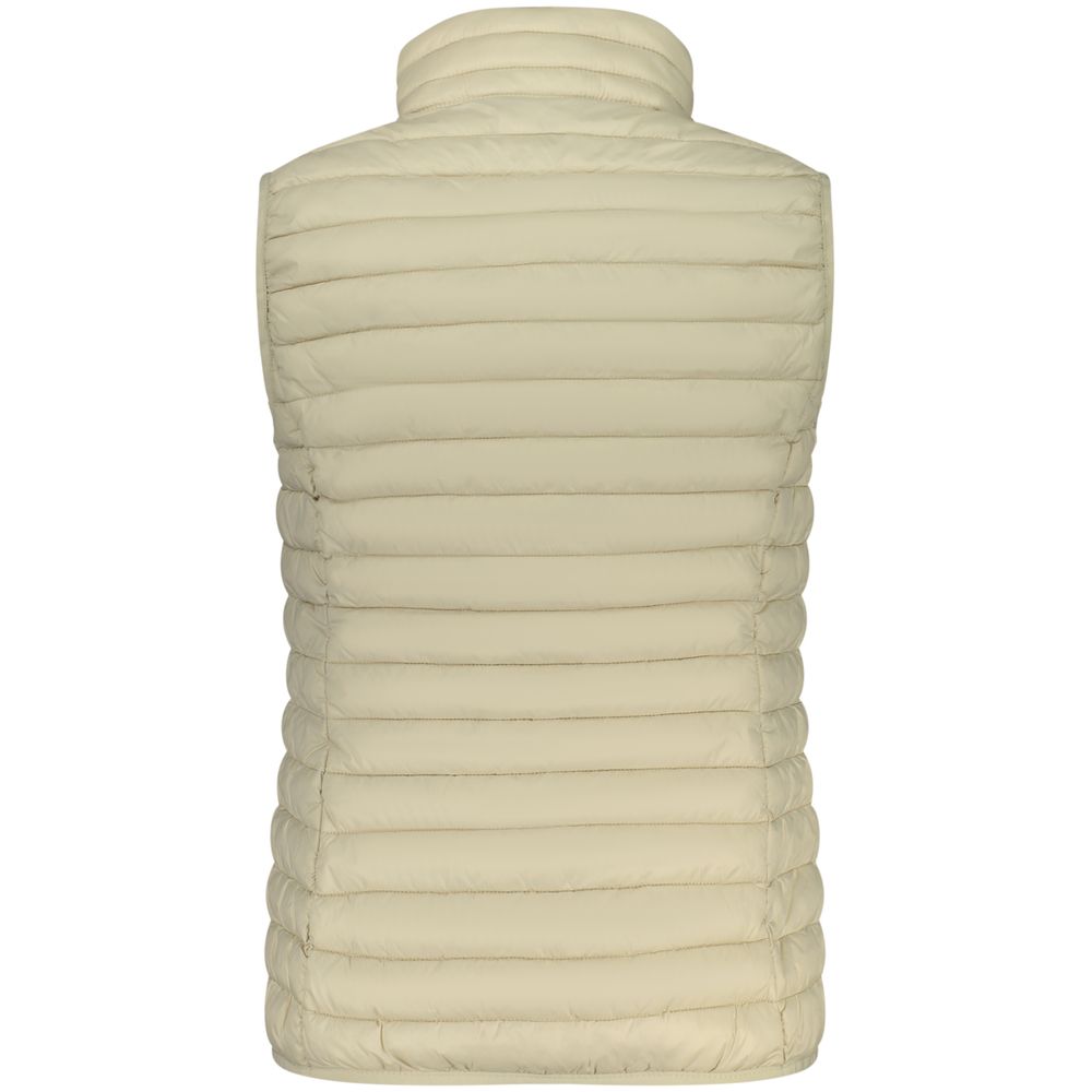 Norway 1963 beige poliammide women's gilet displayed on a hanger with a quilted design and front zipper closure.