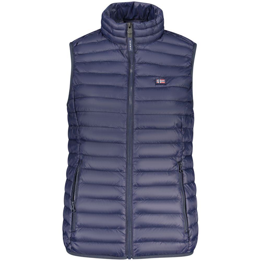 Norway 1963 women's blu poliammide gilet displayed on a model, showcasing lightweight sleeveless outerwear.
