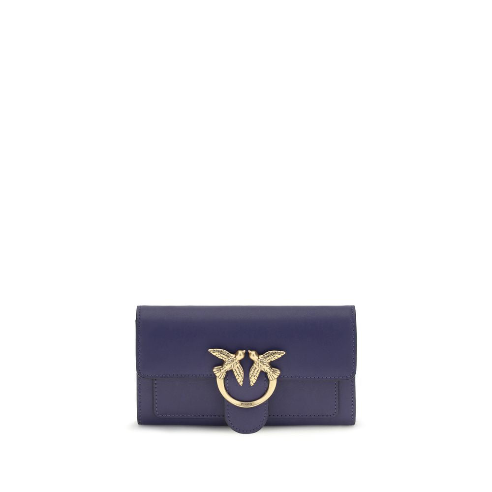 Pinko blue calf leather Bos Taurus wallet with gold accents, featuring multiple card slots and a sleek, compact design.