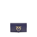 Pinko blue calf leather Bos Taurus wallet with gold accents, featuring multiple card slots and a sleek, compact design.