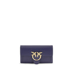 Pinko blue calf leather Bos Taurus wallet with gold accents, featuring multiple card slots and a sleek, compact design.