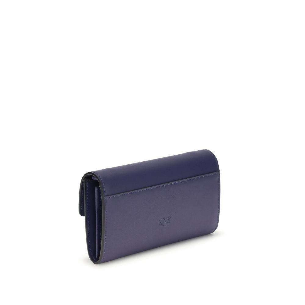 Pinko blue calf leather Bos Taurus wallet with gold-tone accents, featuring multiple card slots and a sleek, compact design.