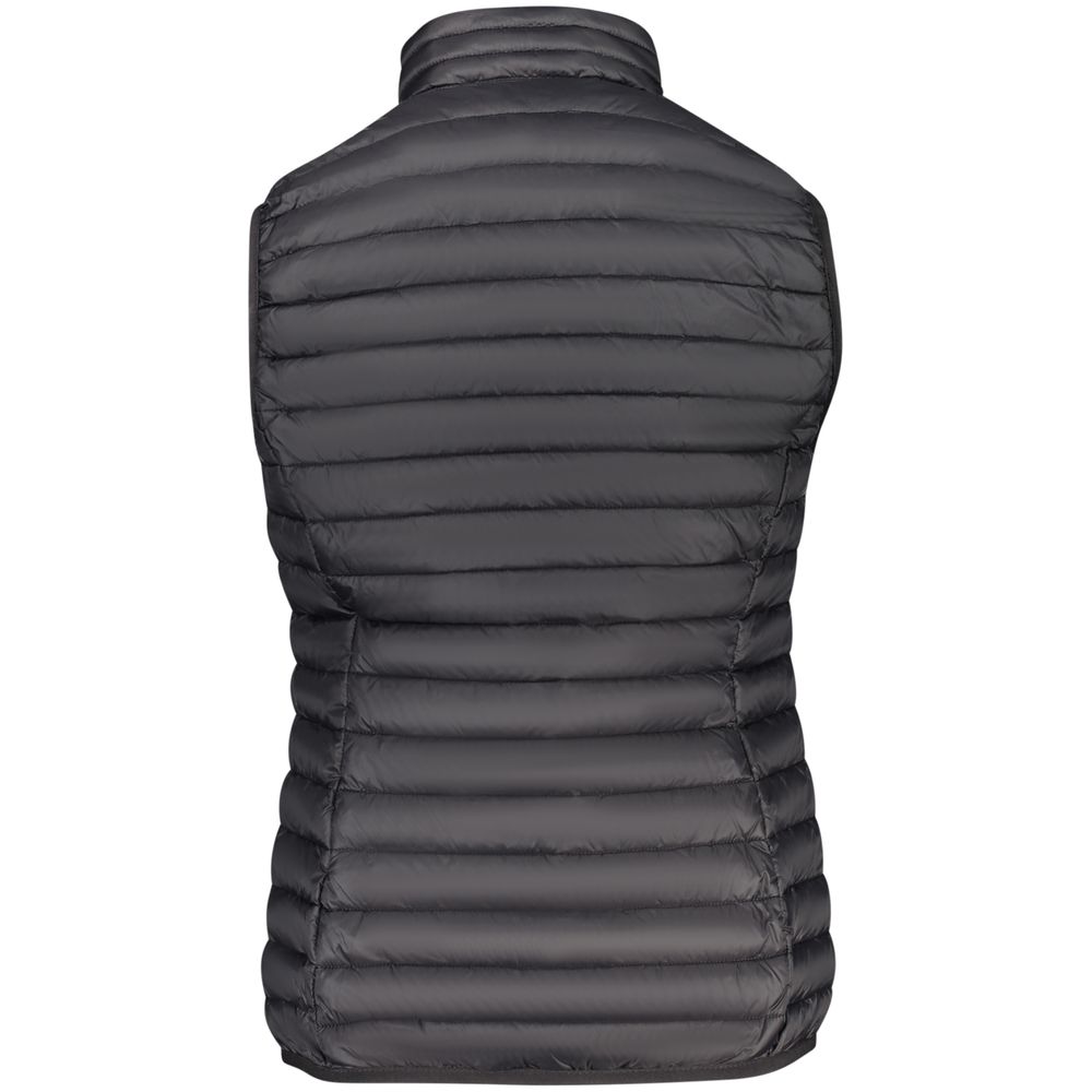 Norway 1963 black women's polyamide vest displayed on a hanger, showcasing its sleek design and lightweight fabric.