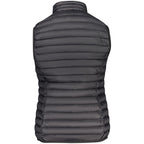 Norway 1963 black women's polyamide vest displayed on a hanger, showcasing its sleek design and lightweight fabric.