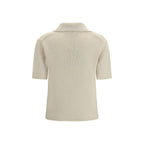 Gabriela Hearst beige cashmere polo shirt with a classic collar and short sleeves, soft and luxurious fabric.