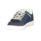 Gas blue polyurethane men's sneaker with white sole and laces, showcasing a sleek, modern design.