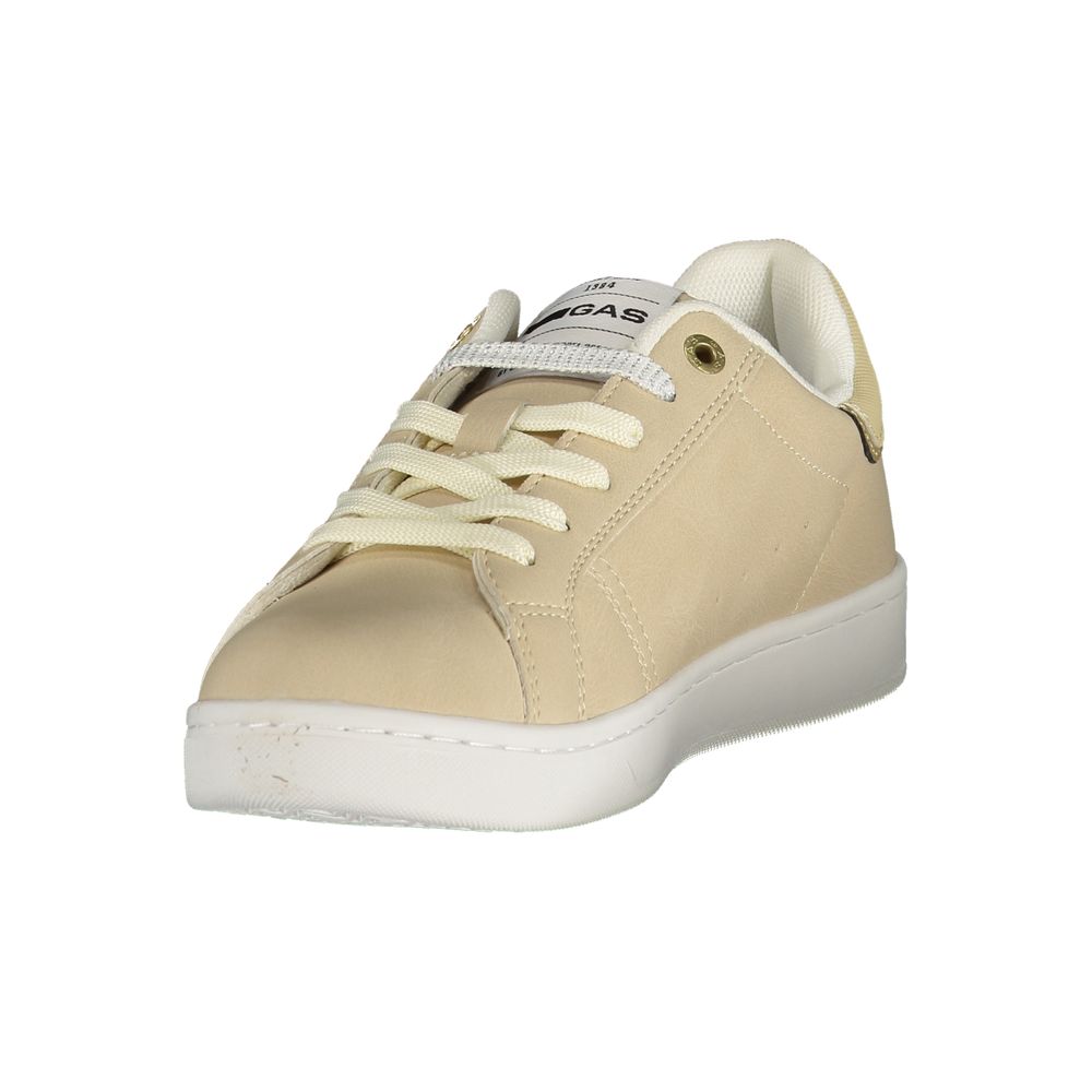 Gas beige polyester women’s sneaker with white rubber sole and lace-up design, casual athletic footwear for women.