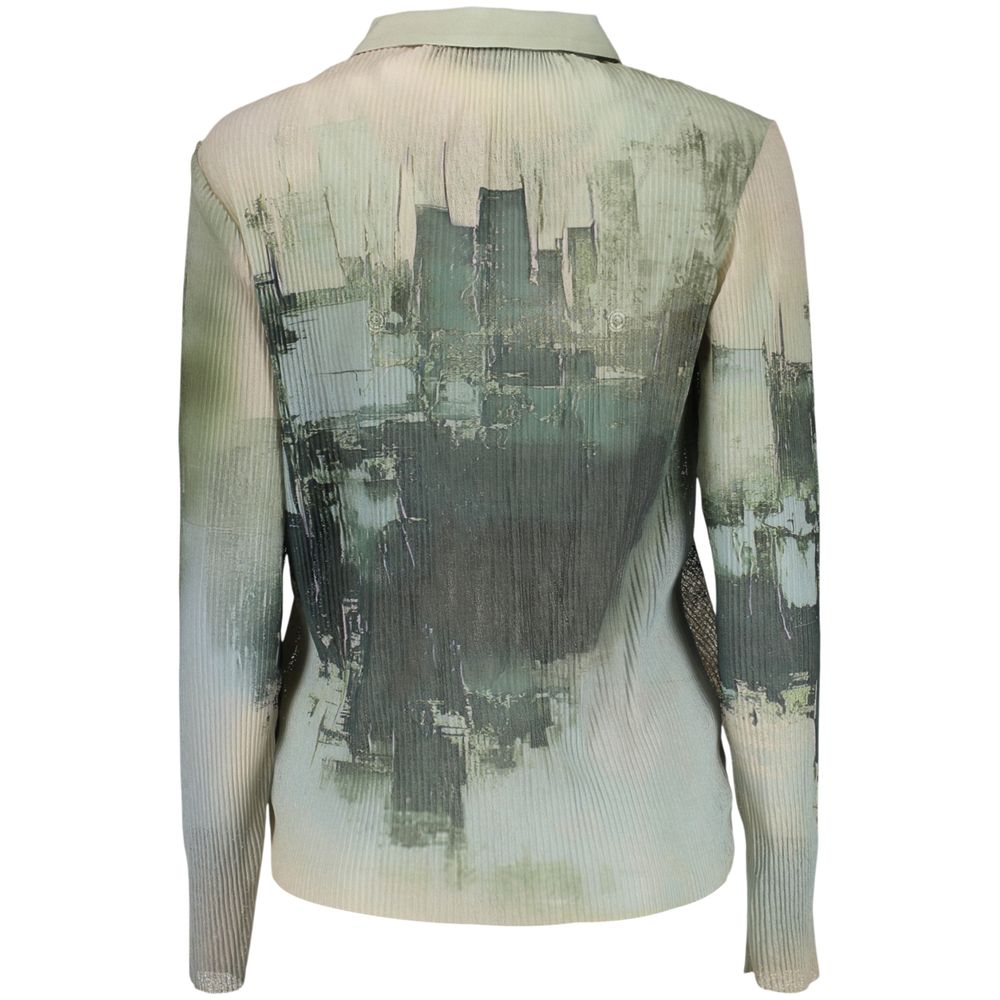 Desigual Verde polyester women's shirt with a relaxed fit and colorful pattern, displayed on a hanger against a plain background.