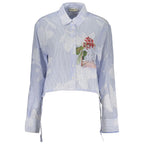 Desigual Azzurro cotton women's shirt with a relaxed fit and vibrant pattern, displayed on a hanger.