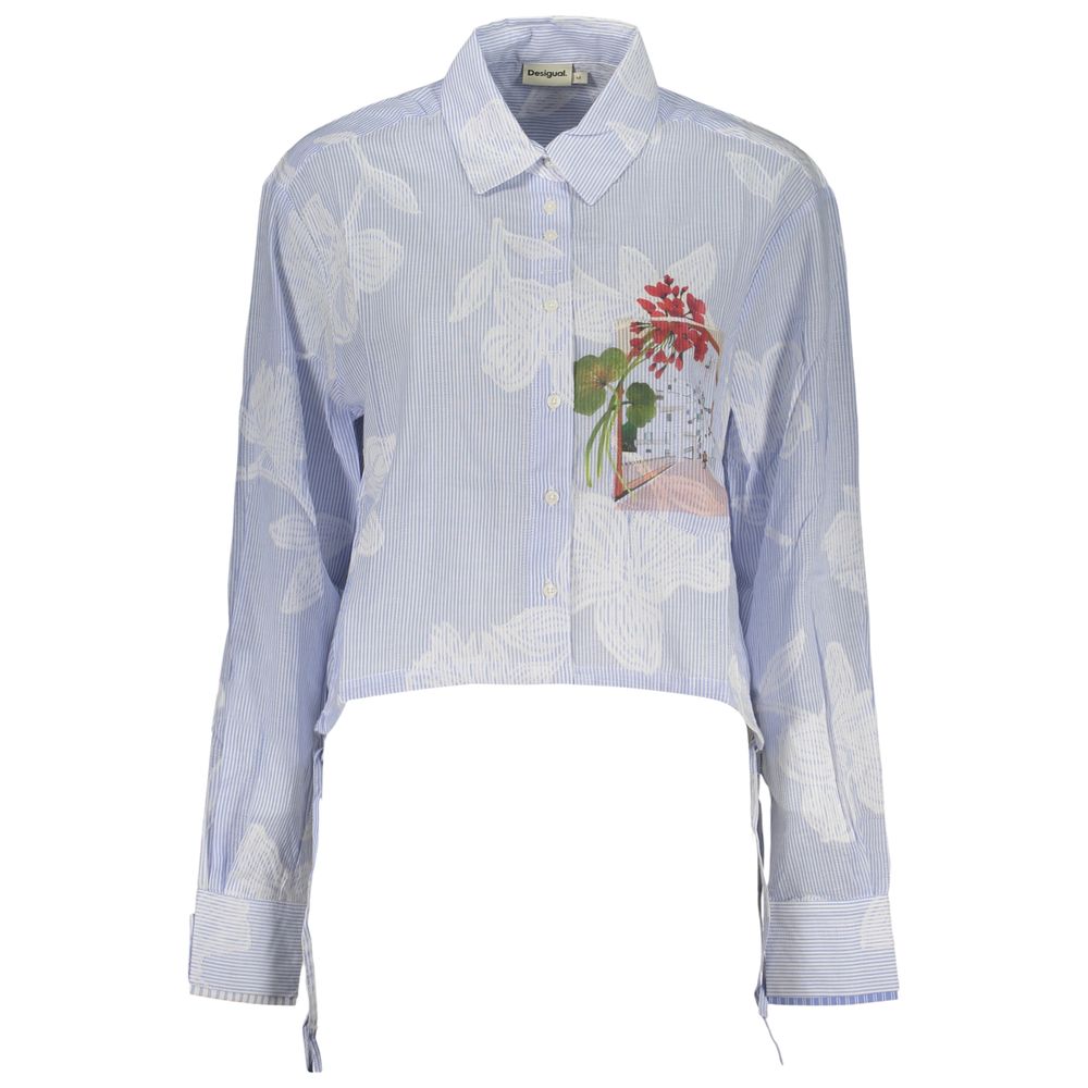 Desigual Azzurro cotton women's shirt with a relaxed fit and vibrant pattern, displayed on a hanger.