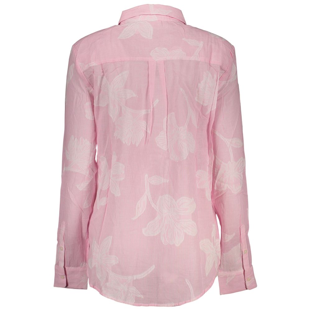 Desigual pink cotton women's shirt with a relaxed fit and stylish design, displayed on a hanger.