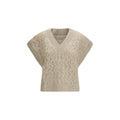 Beige silk sleeveless sweater by Brunello Cucinelli, close-up of smooth fabric and elegant neckline.