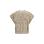 Beige silk sleeveless sweater by Brunello Cucinelli, featuring a smooth fabric and elegant design.