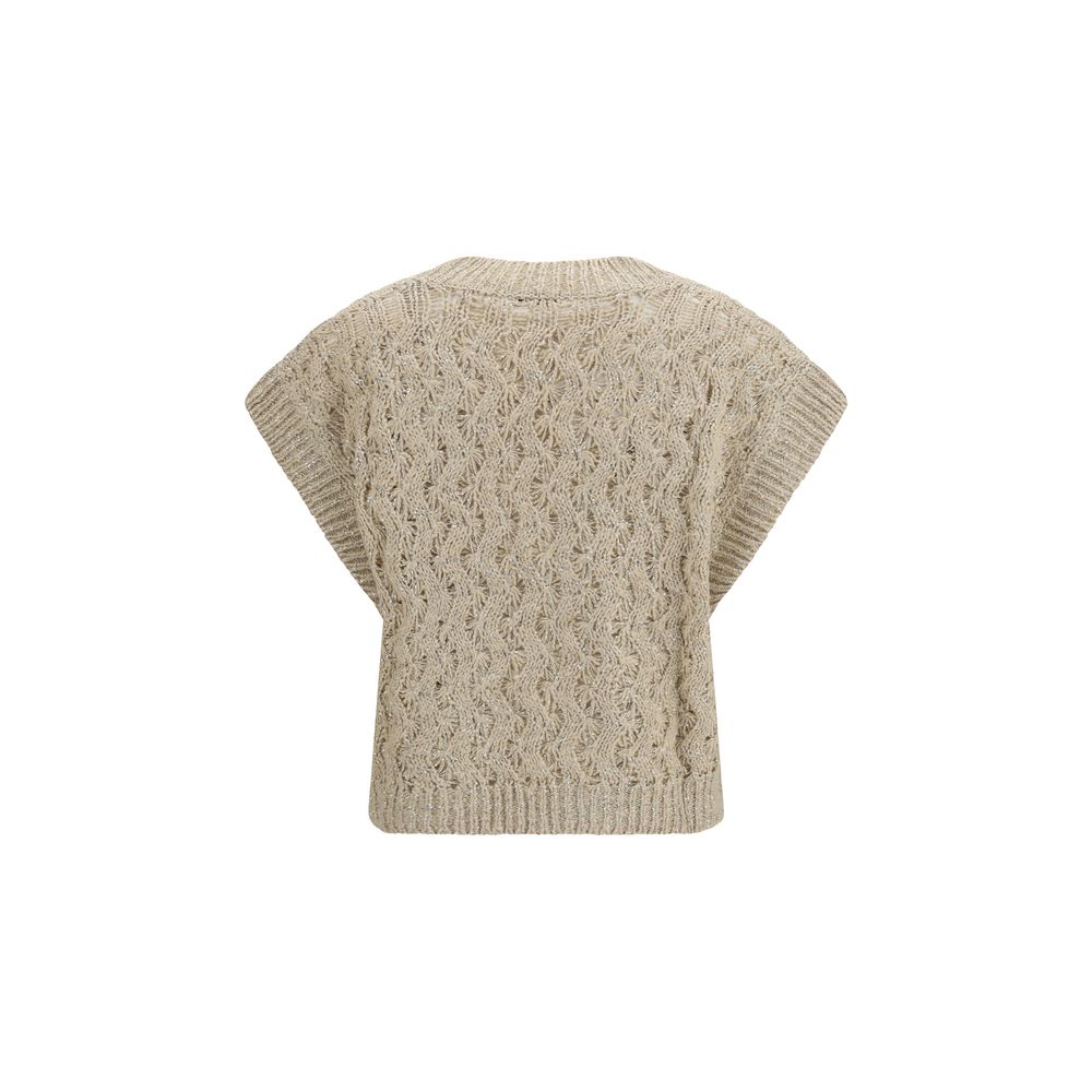 Beige silk sleeveless sweater by Brunello Cucinelli, featuring a smooth fabric and elegant design.