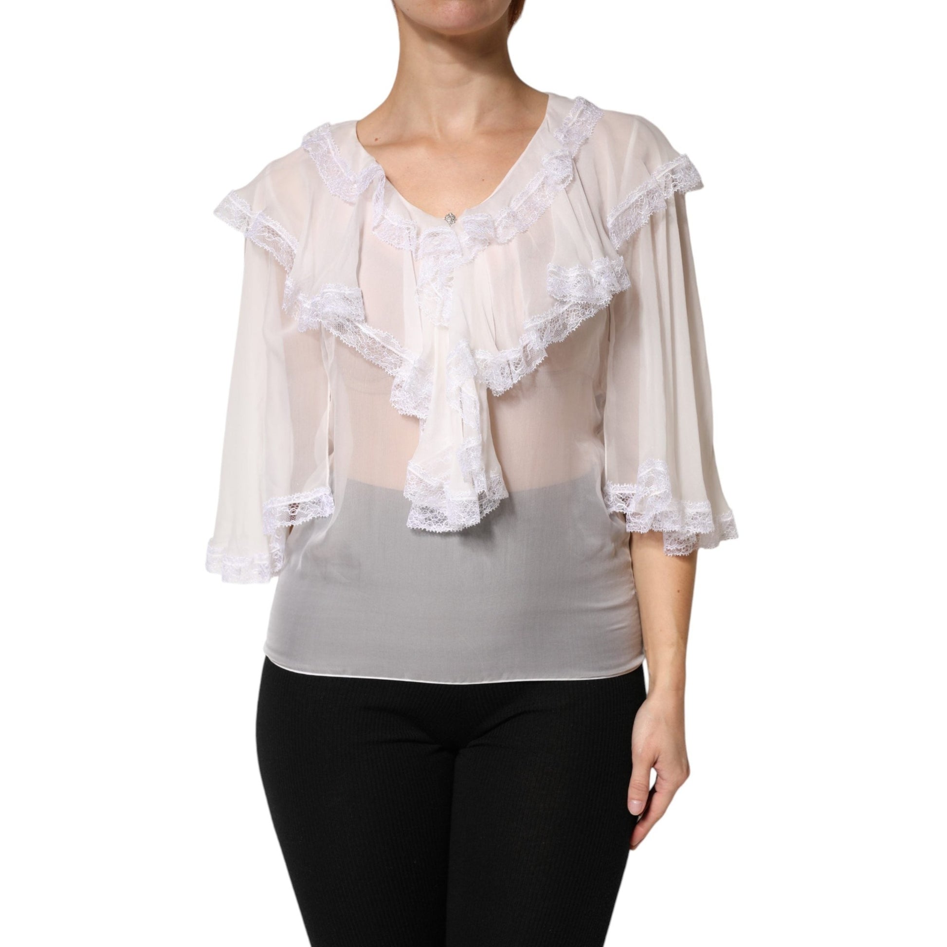 Dolce & Gabbana White LongSleeve Lace Trim Ruffled Blouse Top