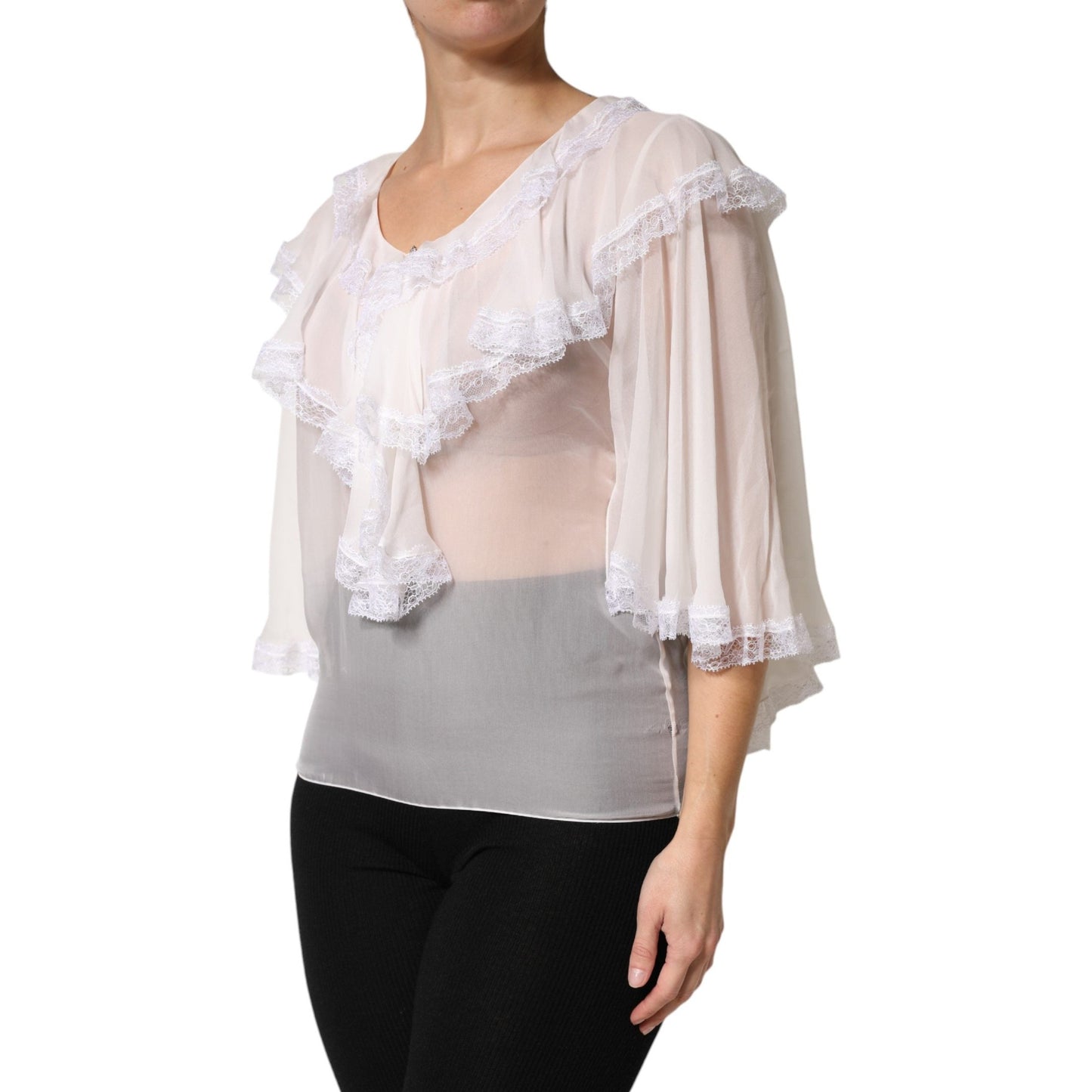 Dolce & Gabbana White LongSleeve Lace Trim Ruffled Blouse Top