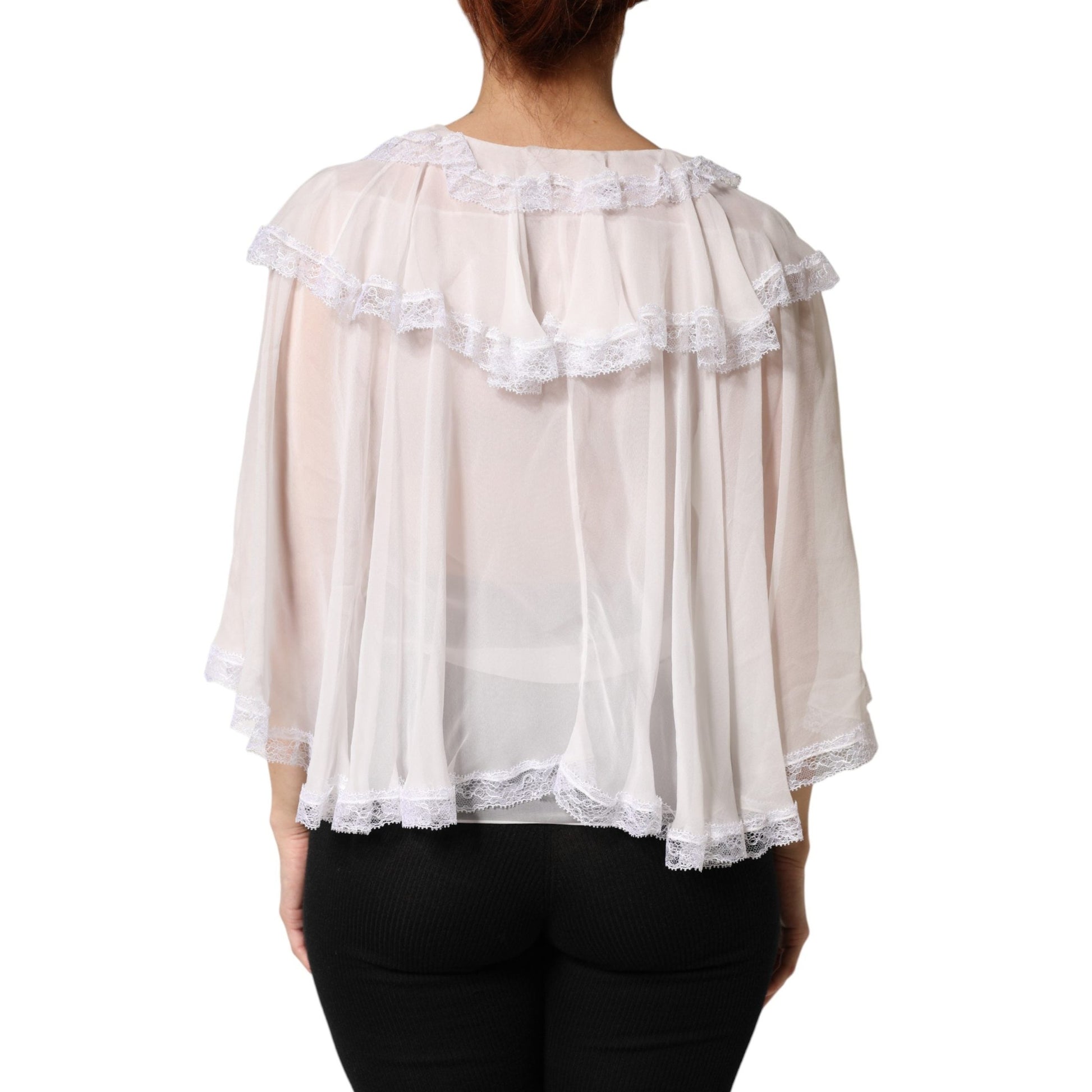 Dolce & Gabbana White LongSleeve Lace Trim Ruffled Blouse Top