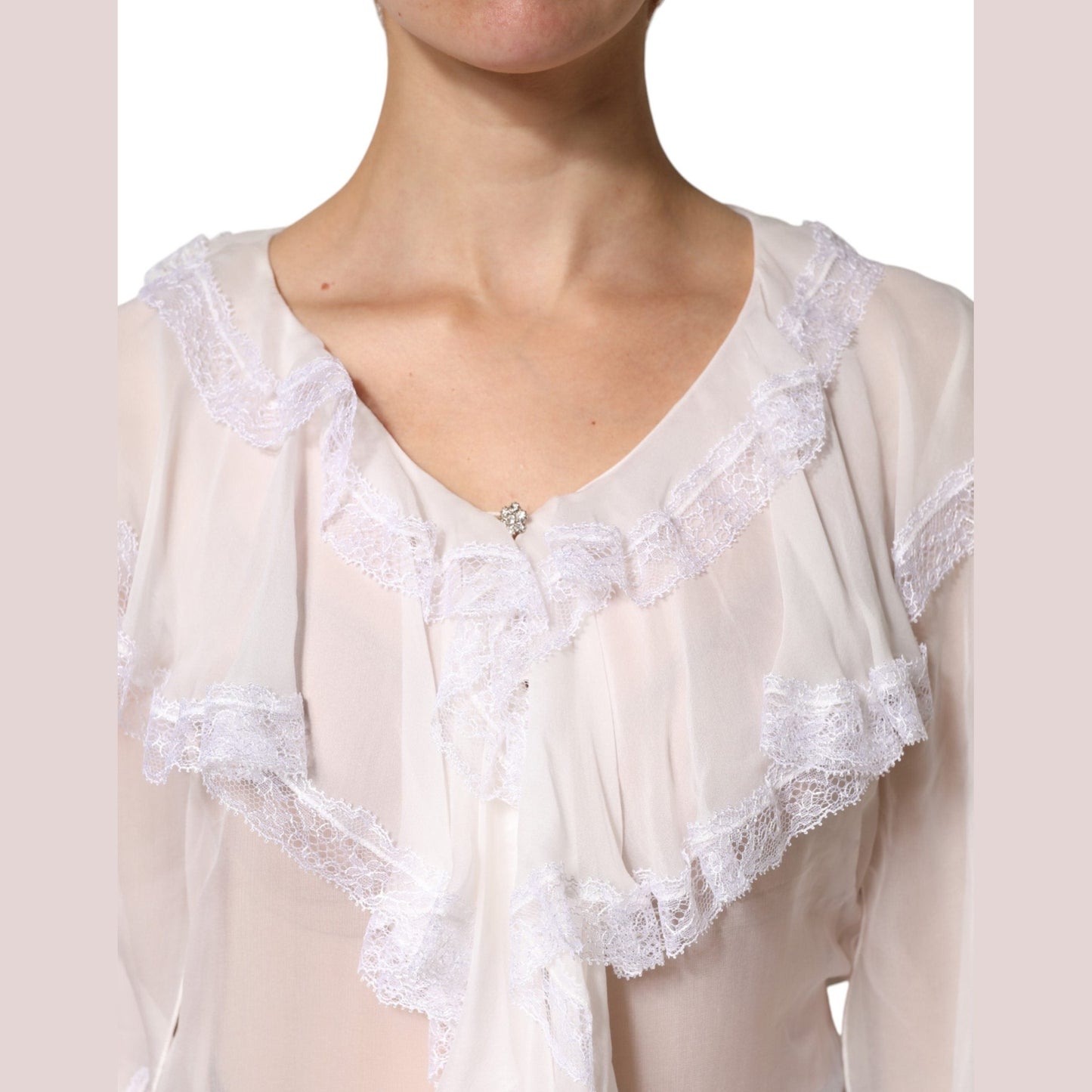 Dolce & Gabbana White LongSleeve Lace Trim Ruffled Blouse Top