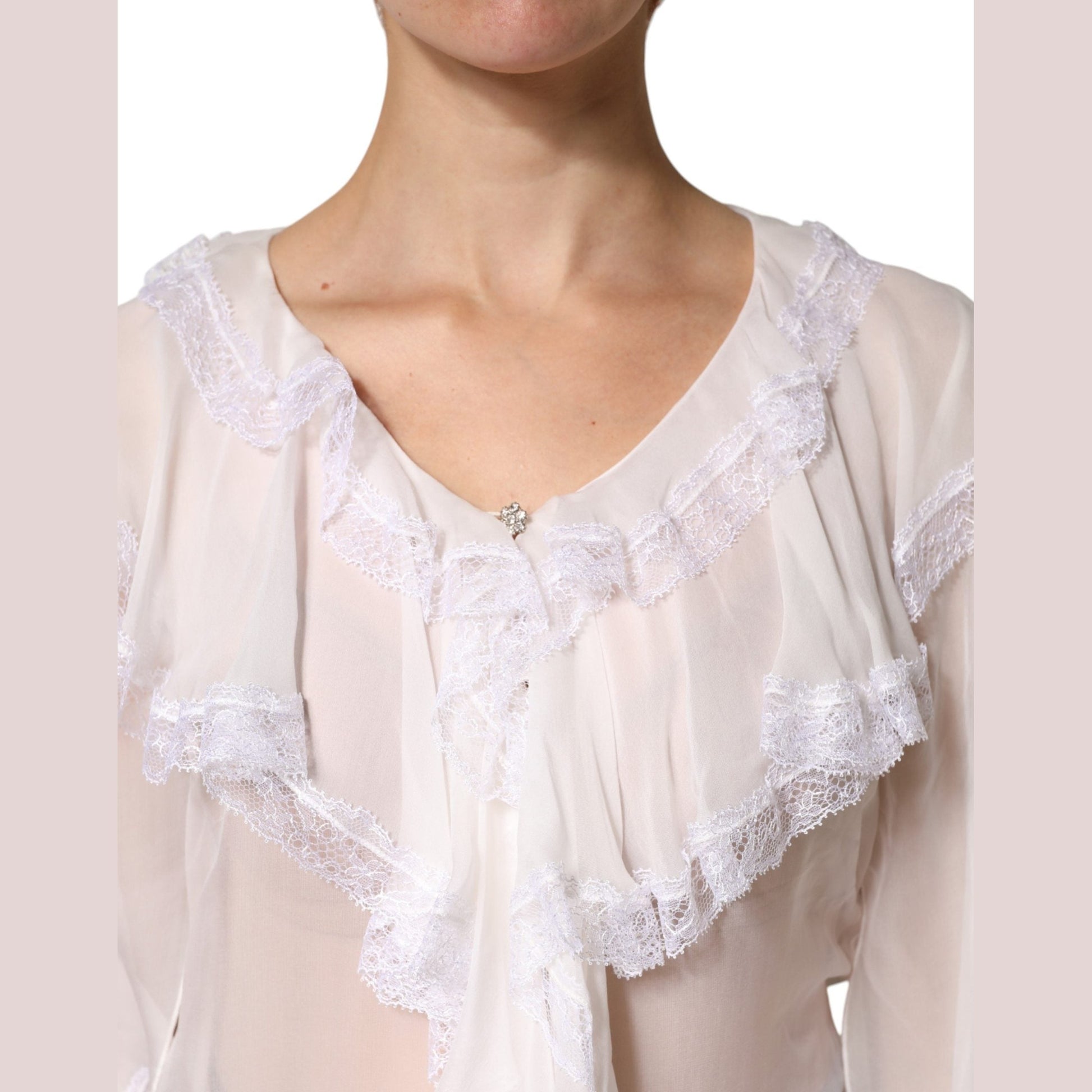 Dolce & Gabbana White LongSleeve Lace Trim Ruffled Blouse Top
