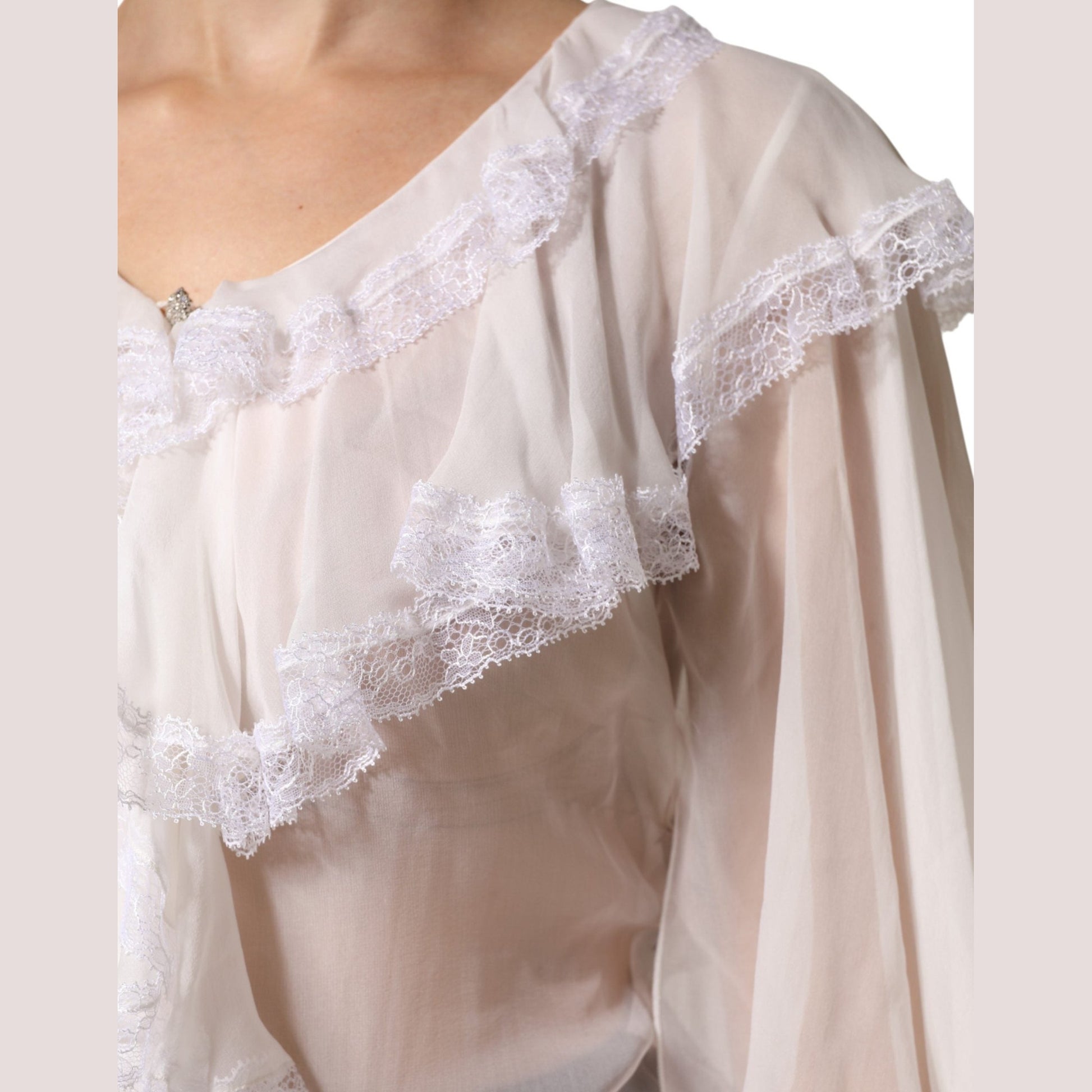Dolce & Gabbana White LongSleeve Lace Trim Ruffled Blouse Top
