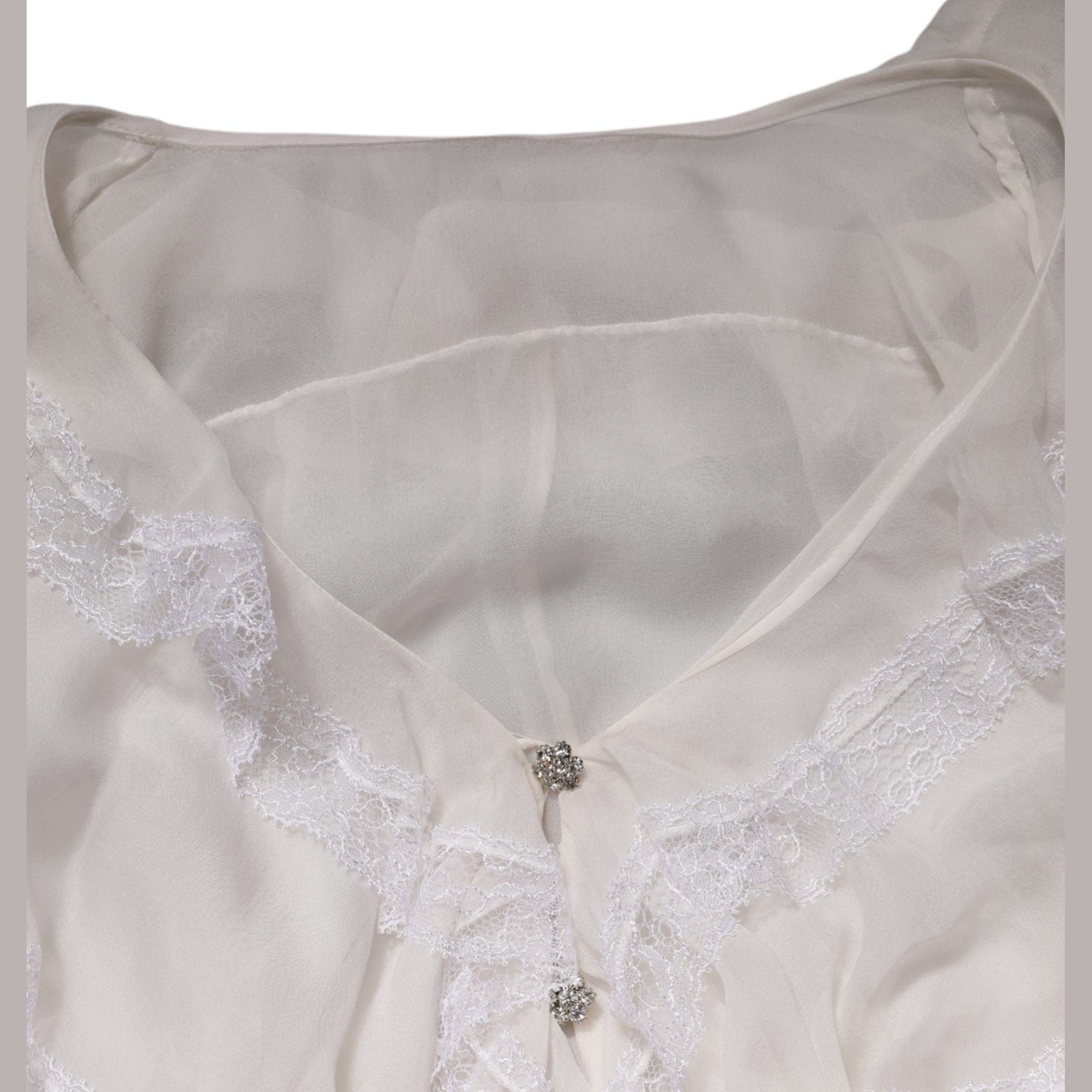 Dolce & Gabbana White LongSleeve Lace Trim Ruffled Blouse Top