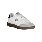 White Fila polyurethane men's sneaker showing side view with cushioned sole and sporty design.