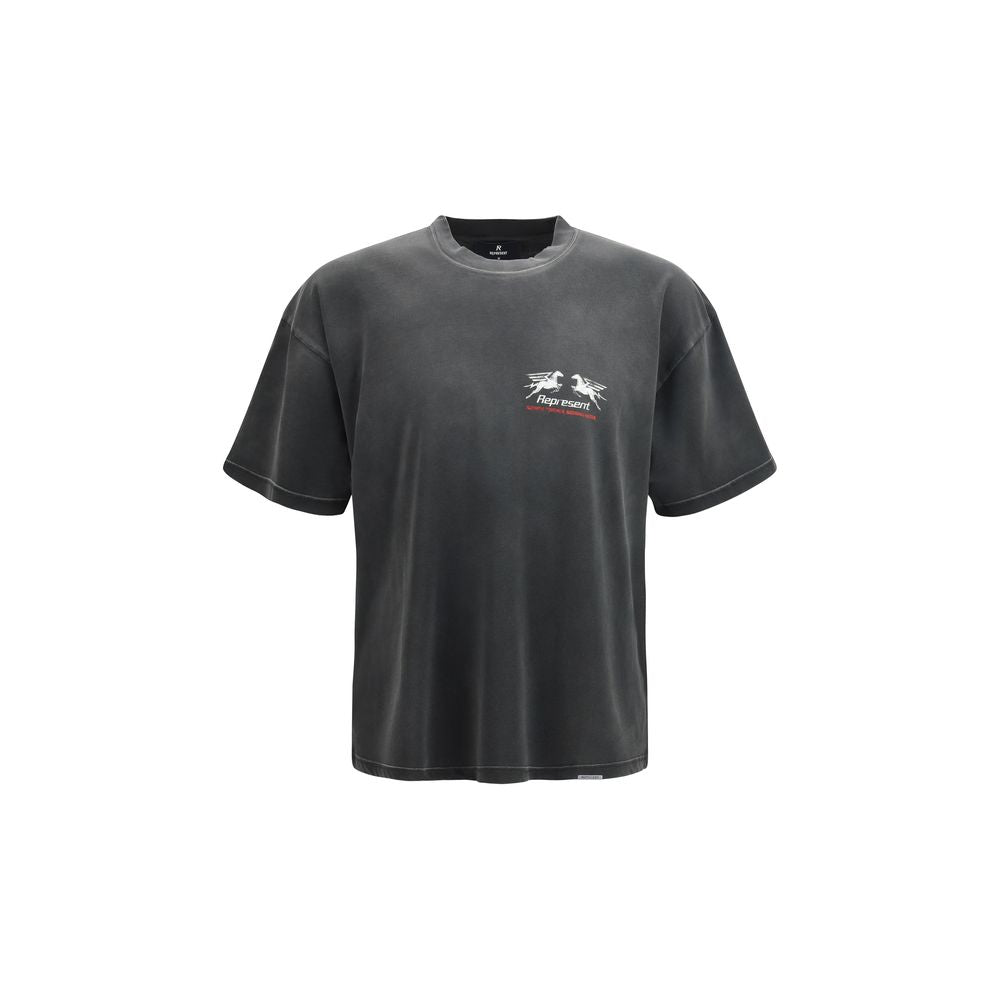 Represent gray cotton T-shirt displayed flat with round neckline and short sleeves, showcasing casual men's apparel.