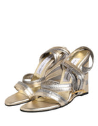 Dolce & Gabbana Gold Silver Leather Wedge Heels Sandals Shoes