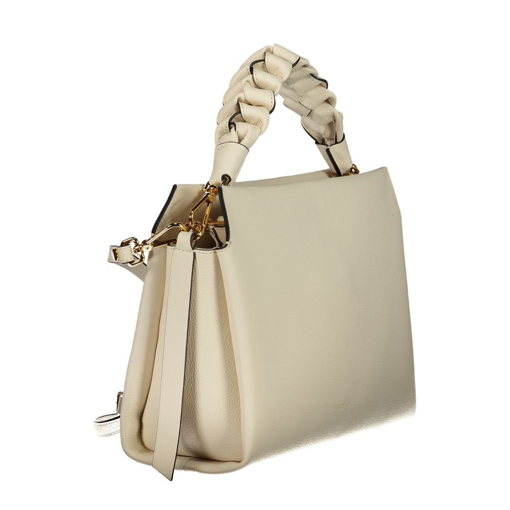 Coccinelle Bianco leather women's handbag with sleek design, featuring silver hardware and top handle for stylish carrying.