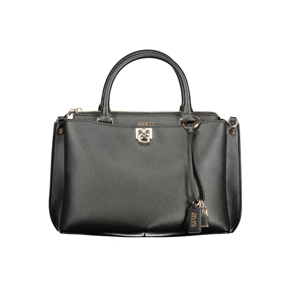 Guess Jeans black polyurethane women's handbag with sleek design and silver hardware, featuring a top handle and adjustable strap.