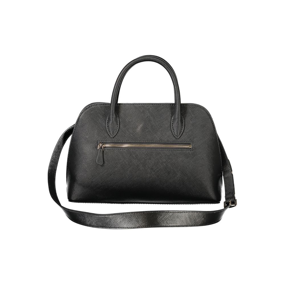 Black Guess Jeans women's handbag with polyurethane material, featuring sleek design and top handle, stylish accessory for everyday wear.