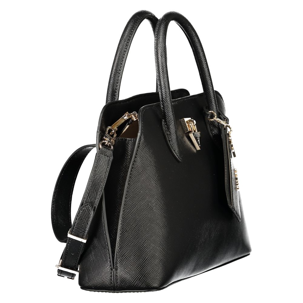 Black Guess Jeans polyurethane women's handbag with sleek design and top handles, featuring subtle branding and stylish detailing.