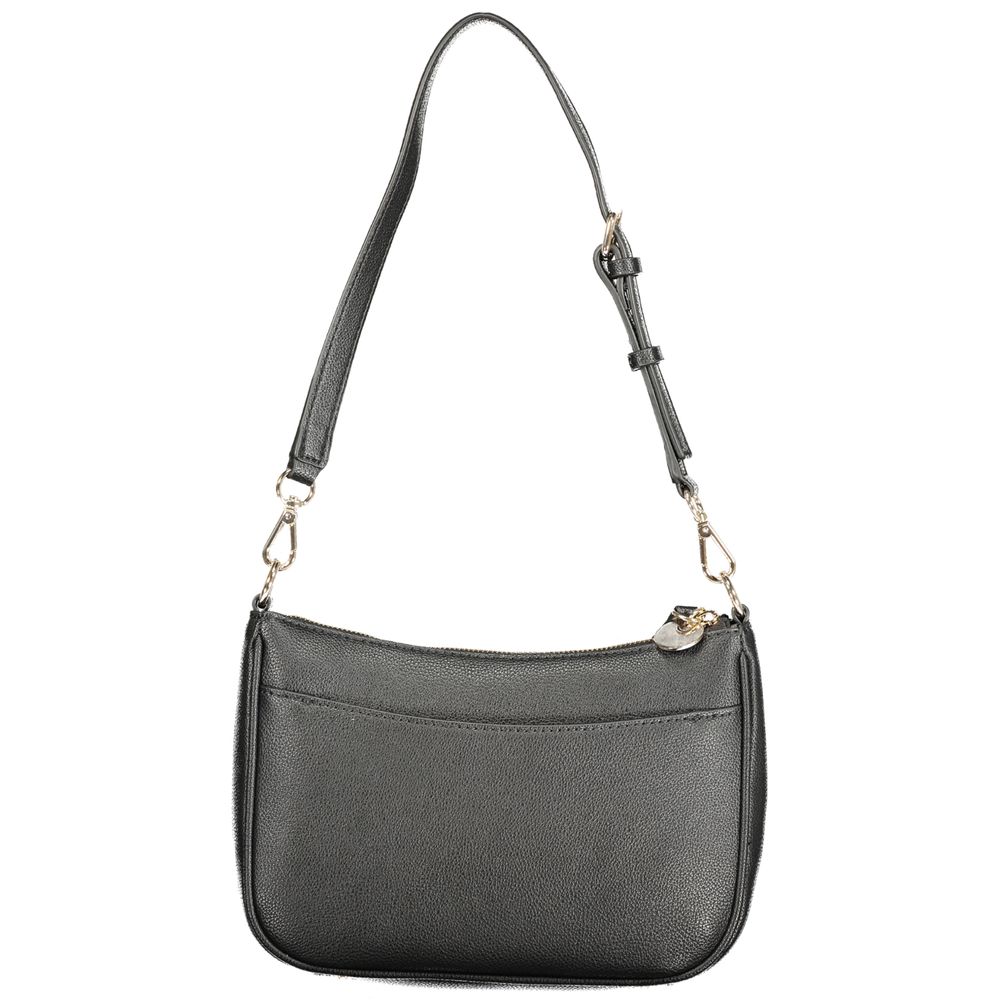 Black Guess Jeans polyurethane women's handbag with sleek design and top handle, featuring gold-tone hardware and textured finish.