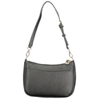 Black Guess Jeans polyurethane women's handbag with sleek design and top handle, featuring gold-tone hardware and textured finish.