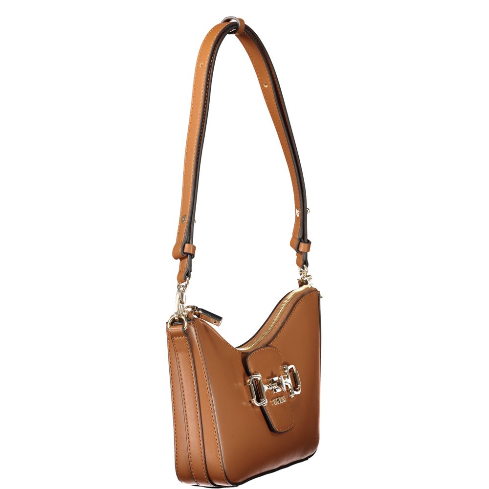 Brown Guess Jeans women's polyurethane handbag with sleek design and top handle, featuring subtle branding and modern style.
