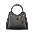 Black Guess Jeans polyurethane women's handbag with sleek design and silver hardware, featuring top handles and a structured shape.