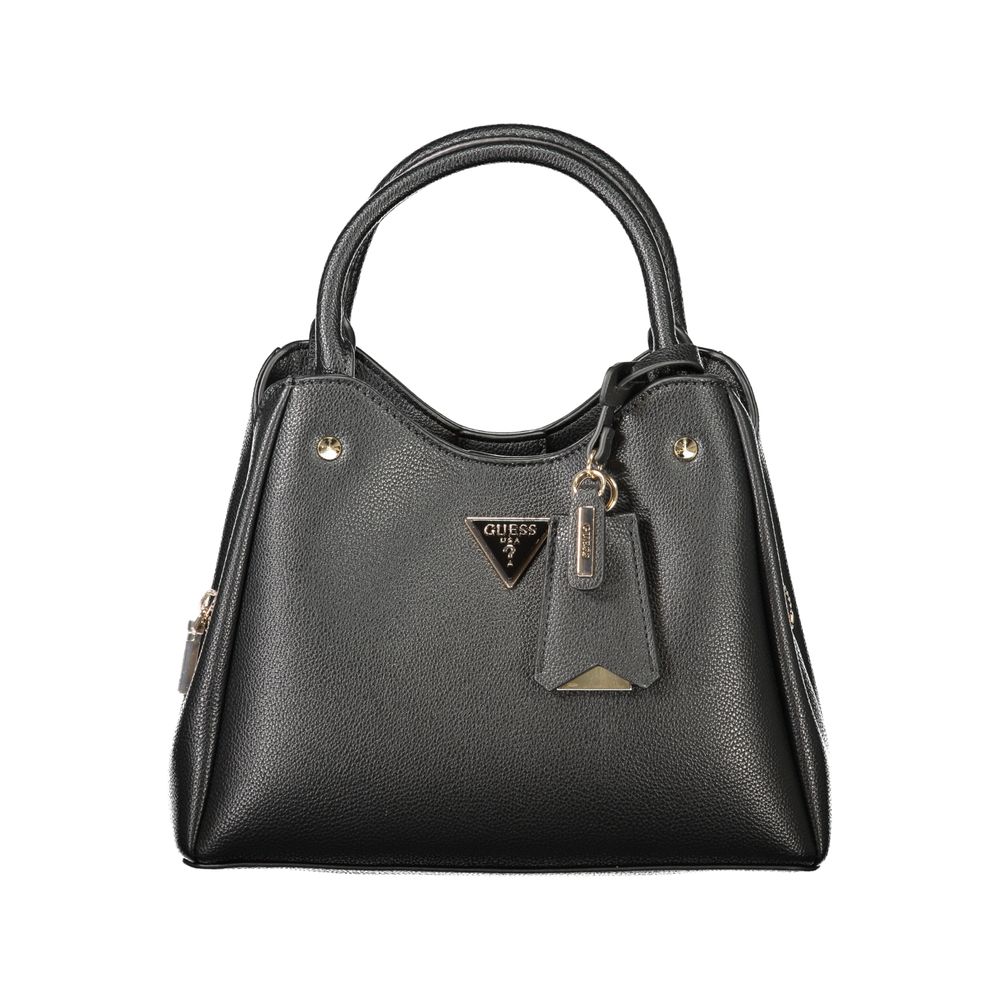 Black Guess Jeans polyurethane women's handbag with sleek design and silver hardware, featuring top handles and a structured shape.