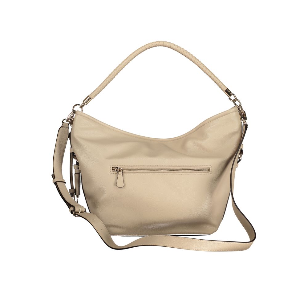 Guess Jeans beige polyurethane women's handbag with structured design and gold-tone hardware, stylishly displayed in the image.
