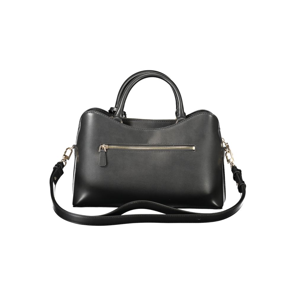 Black Guess Jeans women's handbag made of polyurethane, featuring a stylish design with top handles and exterior pocket.