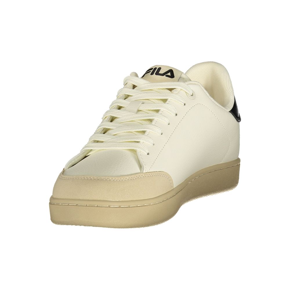 White Fila polyester men's sneaker with sporty design, featuring a sleek upper and cushioned sole for casual wear.