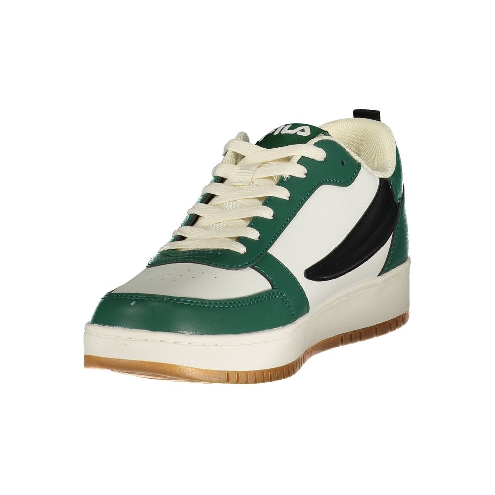 White Fila polyurethane men's sneaker with cushioned sole and sporty design, featuring stylish laces and branding details.