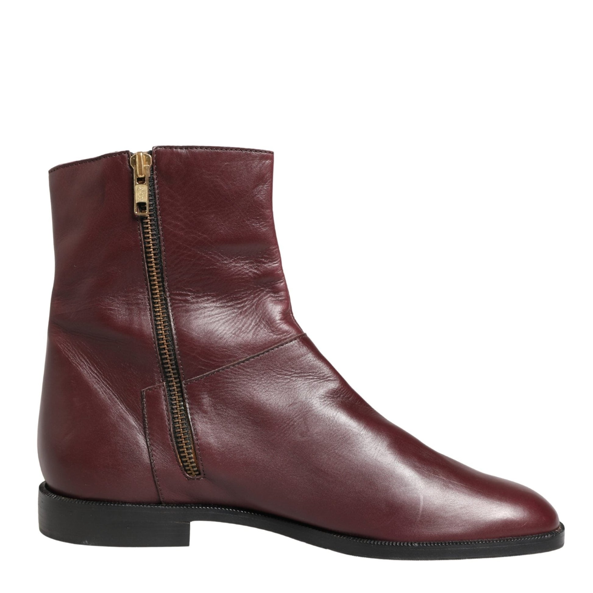 Dolce & Gabbana Maroon Leather Flats Biker Ankle Boots Shoes