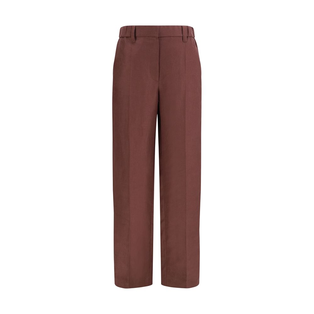 Brunello Cucinelli brown linen casual pants with a relaxed fit and tailored design, displayed on a hanger.