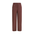 Brunello Cucinelli brown linen casual pants with a relaxed fit and tailored design, displayed on a hanger.