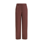 Brunello Cucinelli brown linen casual pants with a relaxed fit and tailored design, displayed on a hanger.